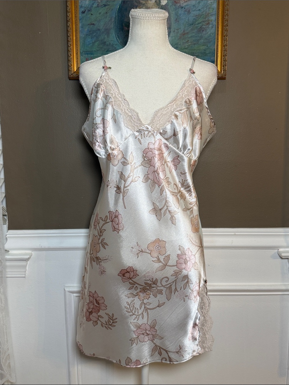 Vintage Y2K Expression California Dynasty Satin Floral Lace Slip Dress L